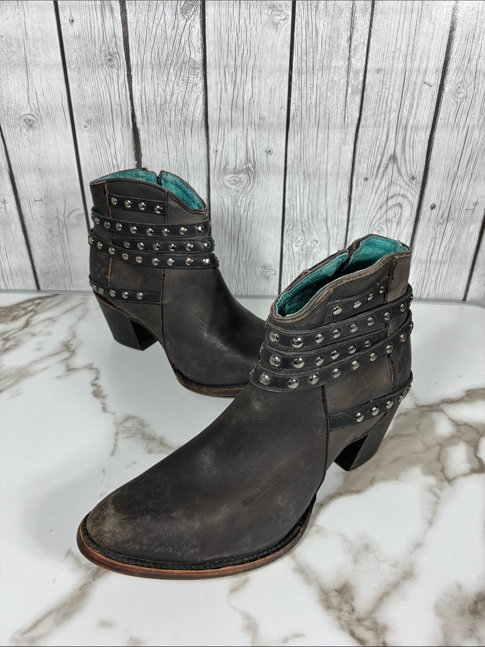 Corral| Distressed Studded Black Leather Ankle Boots Size 11